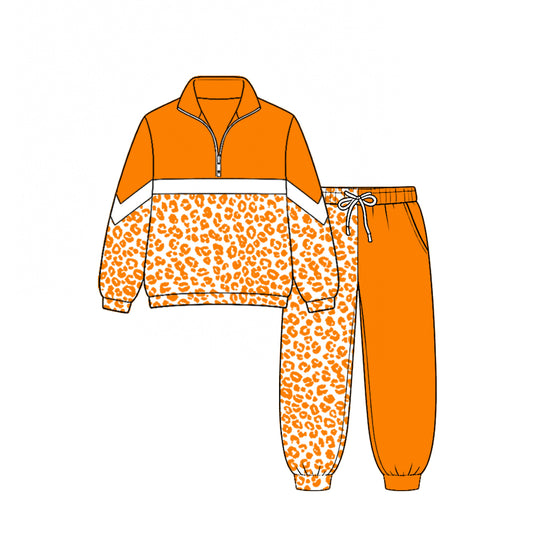 (Custom Design Preorder MOQ 5) Teams Orange Leopard Zipper Pullover Top Split Joggers Pants Girls Kids Fall Clothes Set