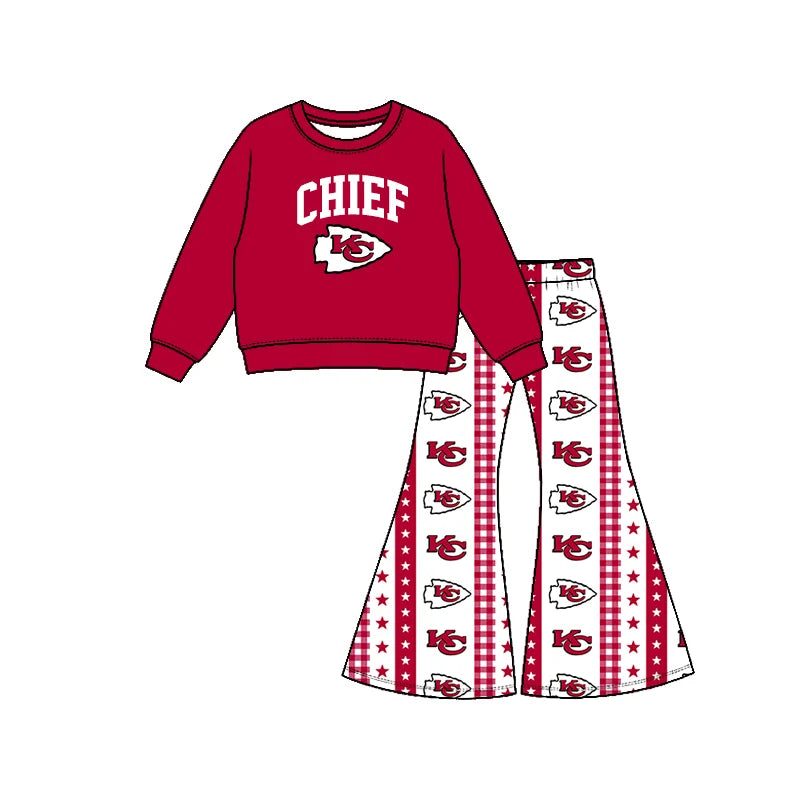 Preorder( 5  MOQ) Baby Girls Sport Team  Chief Long Sleeve Top Bell Bottom Pants Outfit