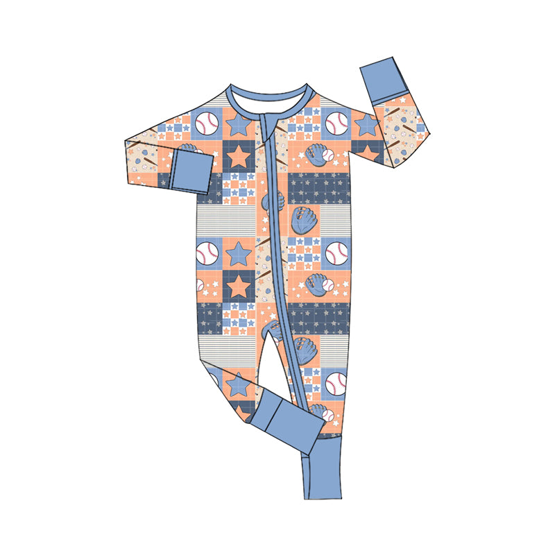 (Custom Design Preorder MOQ 5 ) Baseball Print Baby Fall Zipper Sleeper Romper Sibling Wear