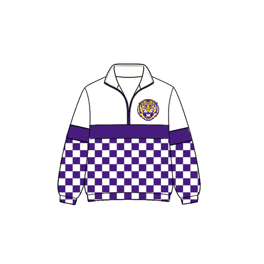 (Custom Design Preorder MOQ 5)  Teams LSU Tigers Plaid Print Kids & Adult Long Sleeve Zipper Pullover Jacket