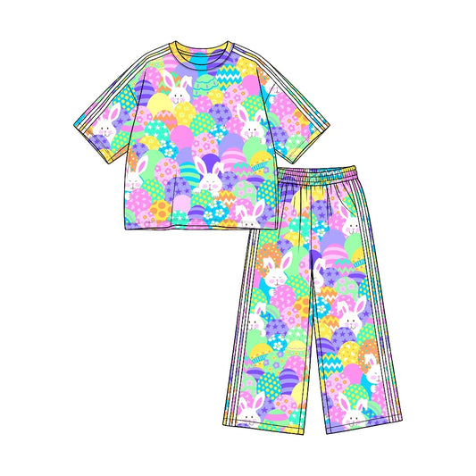 (Custom Design Preorder MOQ 5) Colorful Eggs Bunny Print Straight Pockets Pants Girls Easter Clothes Set