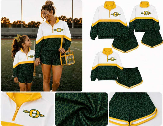 (Custom Design Preorder MOQ 5) Teams Ouachita Green Leopard Long Sleeve Zipper Top Shorts Mommy and Me Outfits
