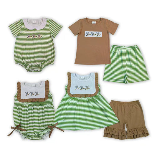 Mallard Embroidery Green Stripe Sibling Duck Matching Outfits