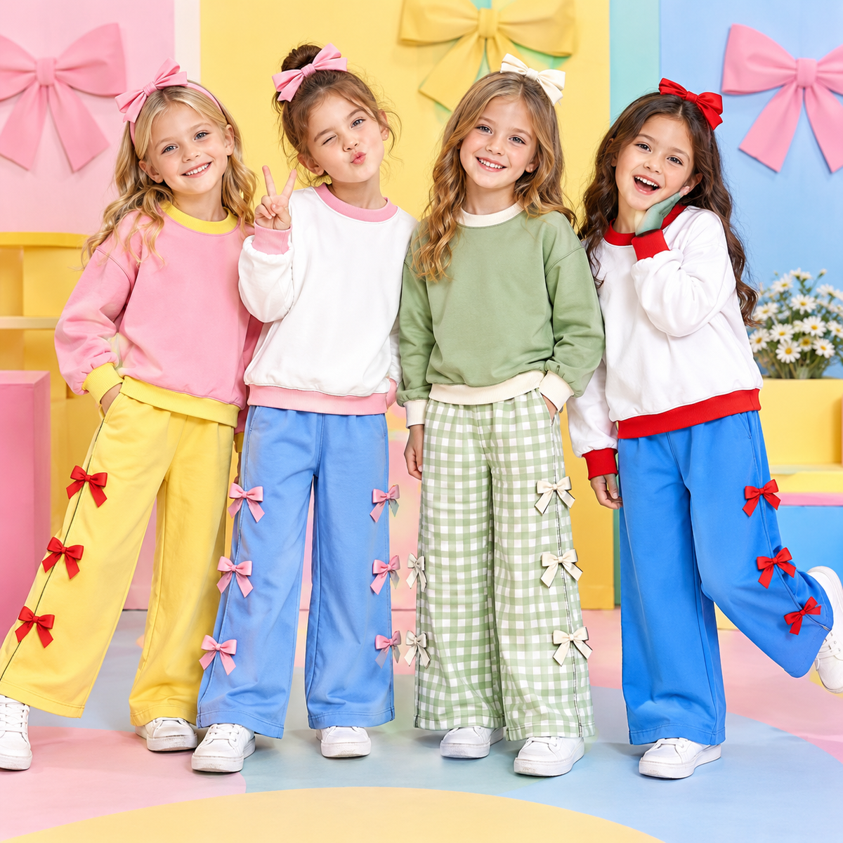 (Custom Design Preorder MOQ 5 Each) Cartoon Princess Blank Cotton Girls Bows Clothes Set Sisters Wear