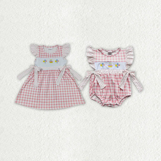 Sibling Baby Girls Birthday Flutter Sleeve Bows Rompers Dresses