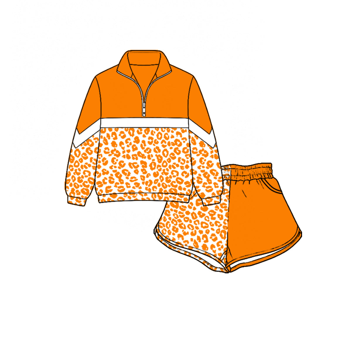 (Custom Design Preorder MOQ 5) Teams Orange Leopard Zipper Pullover Top Split Shorts Girls Kids Clothes Set