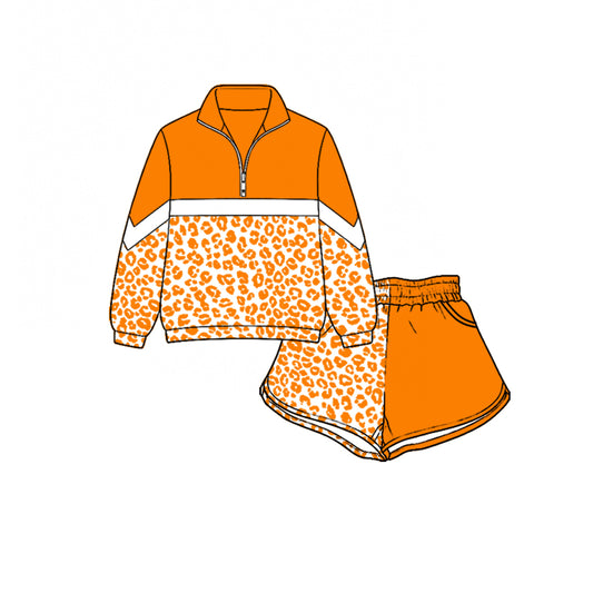(Custom Design Preorder MOQ 5) Teams Orange Leopard Zipper Pullover Top Split Shorts Girls Kids Clothes Set