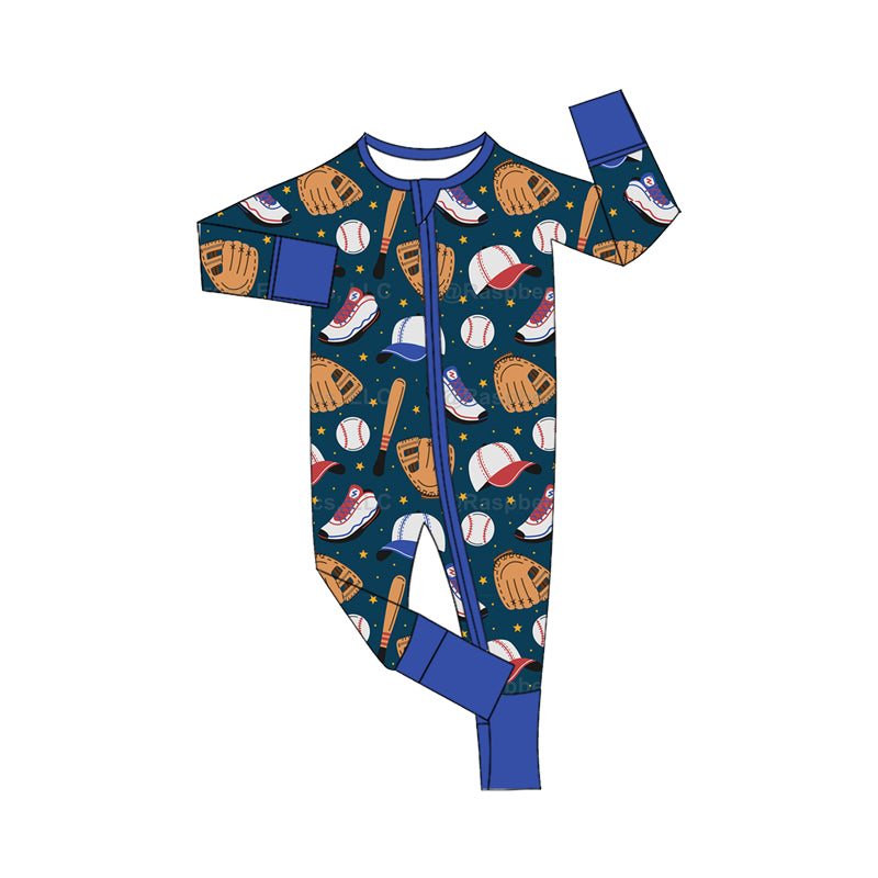 (Custom Design Preorder MOQ 5 ) Baseball Print Baby Fall Zipper Sleeper Romper Sibling Wear