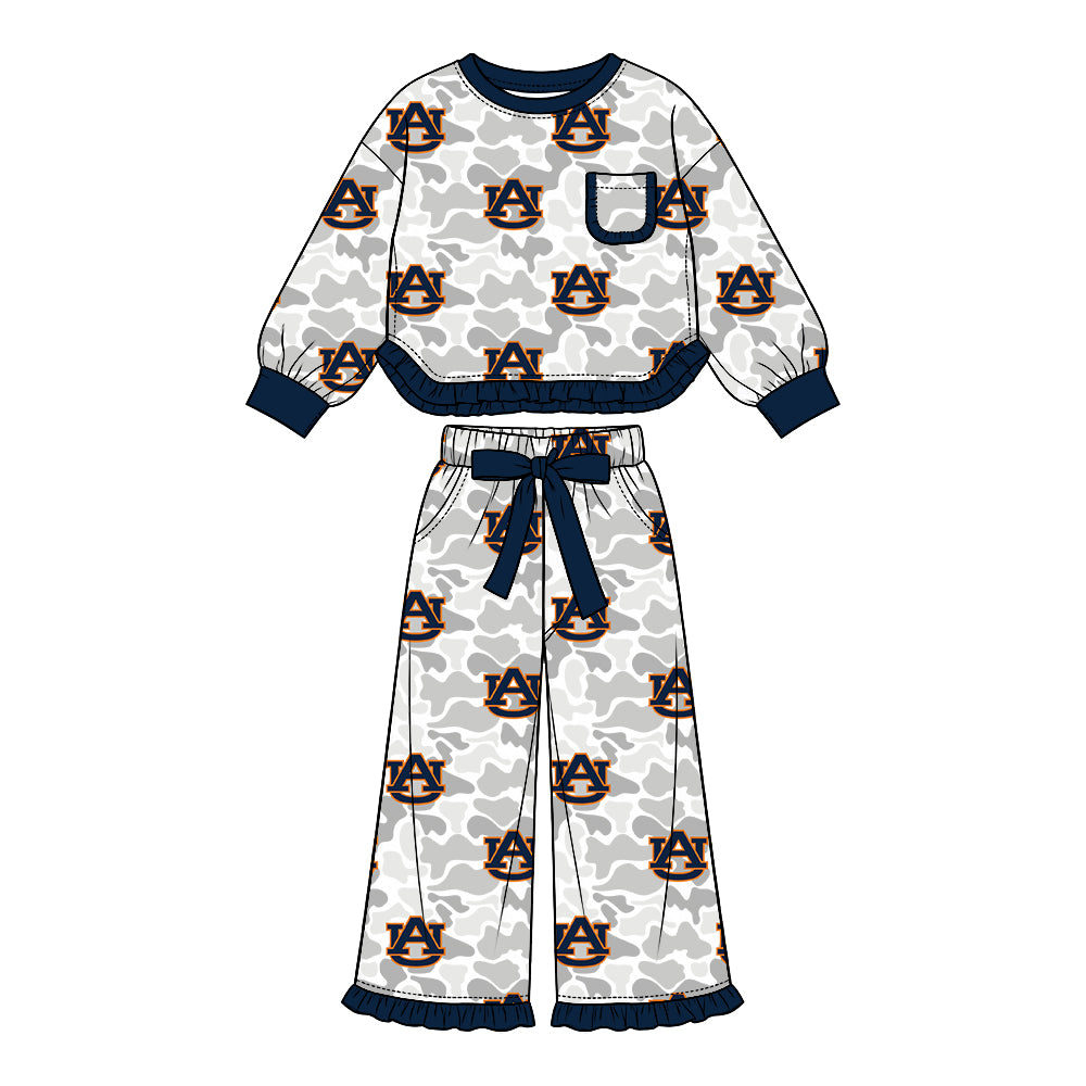 (Custom Design Preorder MOQ 5 Each)Teams Logo Camo Print Long Sleeve Top Pockets Pants Girls Clothes Set Sisters Wear