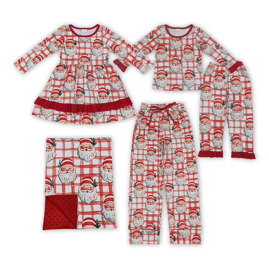 Family Christmas santa Red Plaid Pajama Set Dress Pants and Blanket
