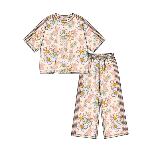 (Custom Design Preorder MOQ 5)  Colorful Flowers Bunny Print Straight Pockets Pants Girls Easter Clothes Set