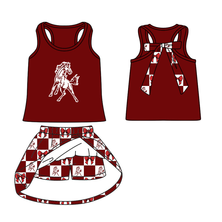 (Custom Design Preorder MOQ 5 Each Item) Teams Mustangs Bows Wine Plaid Print Kids Clothes Sibling & Family Matching Styles