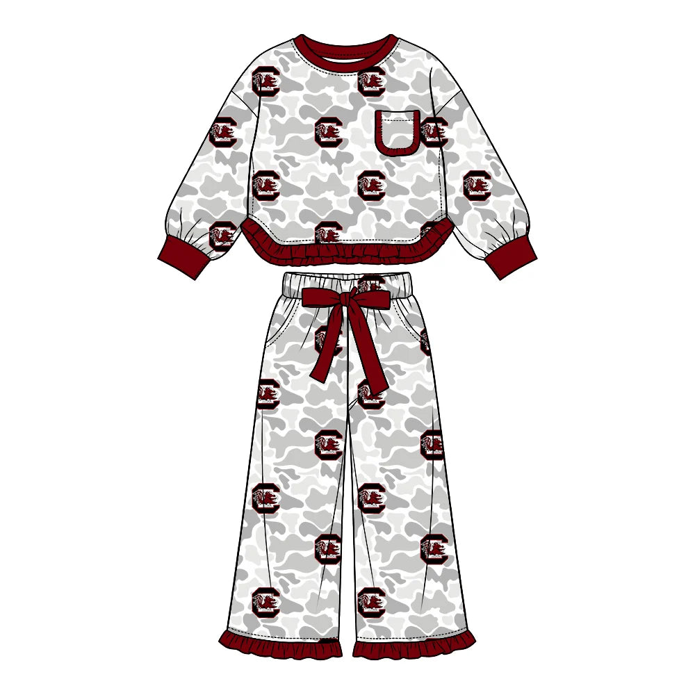 Preorder( 5  MOQ) Baby Girls Sport Team Gamecocks Camo Long Sleeve Pants Outfit