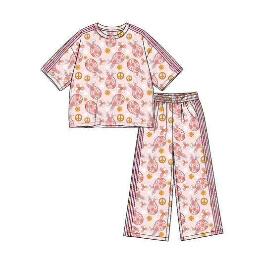 (Custom Design Preorder MOQ 5)  Pink Flowers Eggs Print Straight Pockets Pants Girls Easter Clothes Set