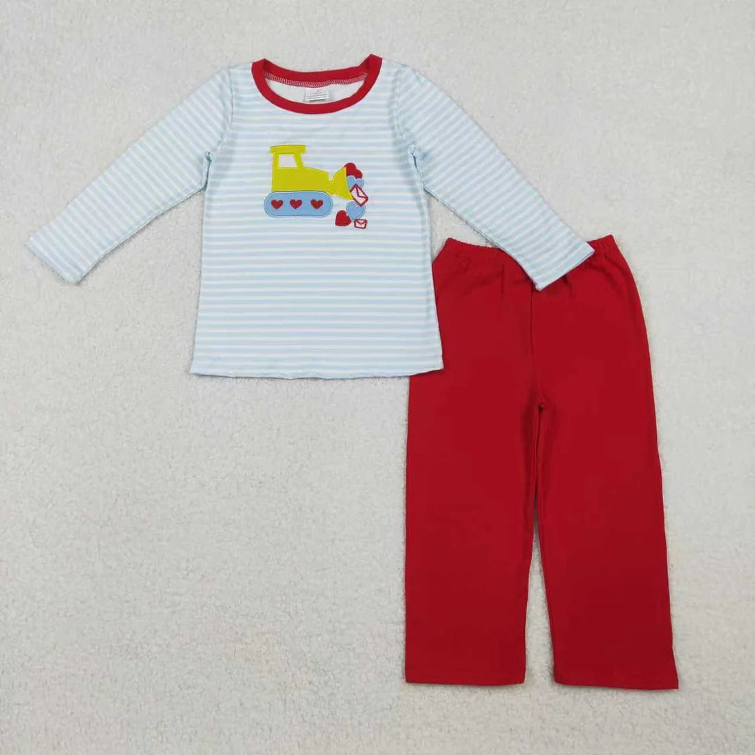 Sibling Baby Boys Embroidery Heart Excavators Blue Striped Valentines Outfit Romper