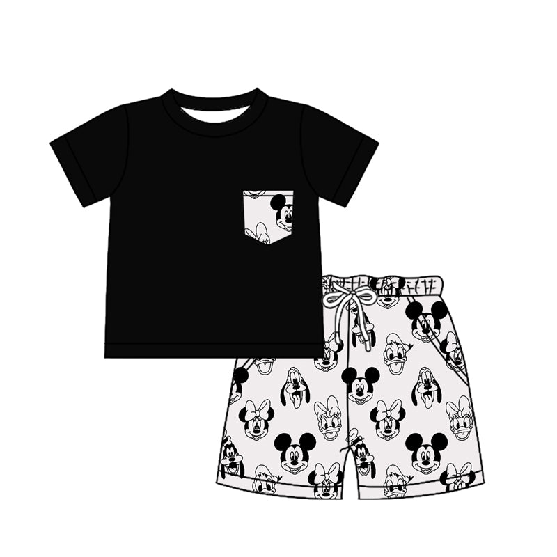 (Custom Design Preorder MOQ 5)  Black Pocket Top Cartoon Mouse Shorts Baby Boys Summer Outfits