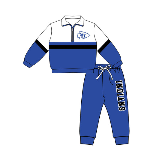 Preorder (moq 5)Baby Boys Indians Zip Pullovers Top Jogger Pants Team Clothes Set