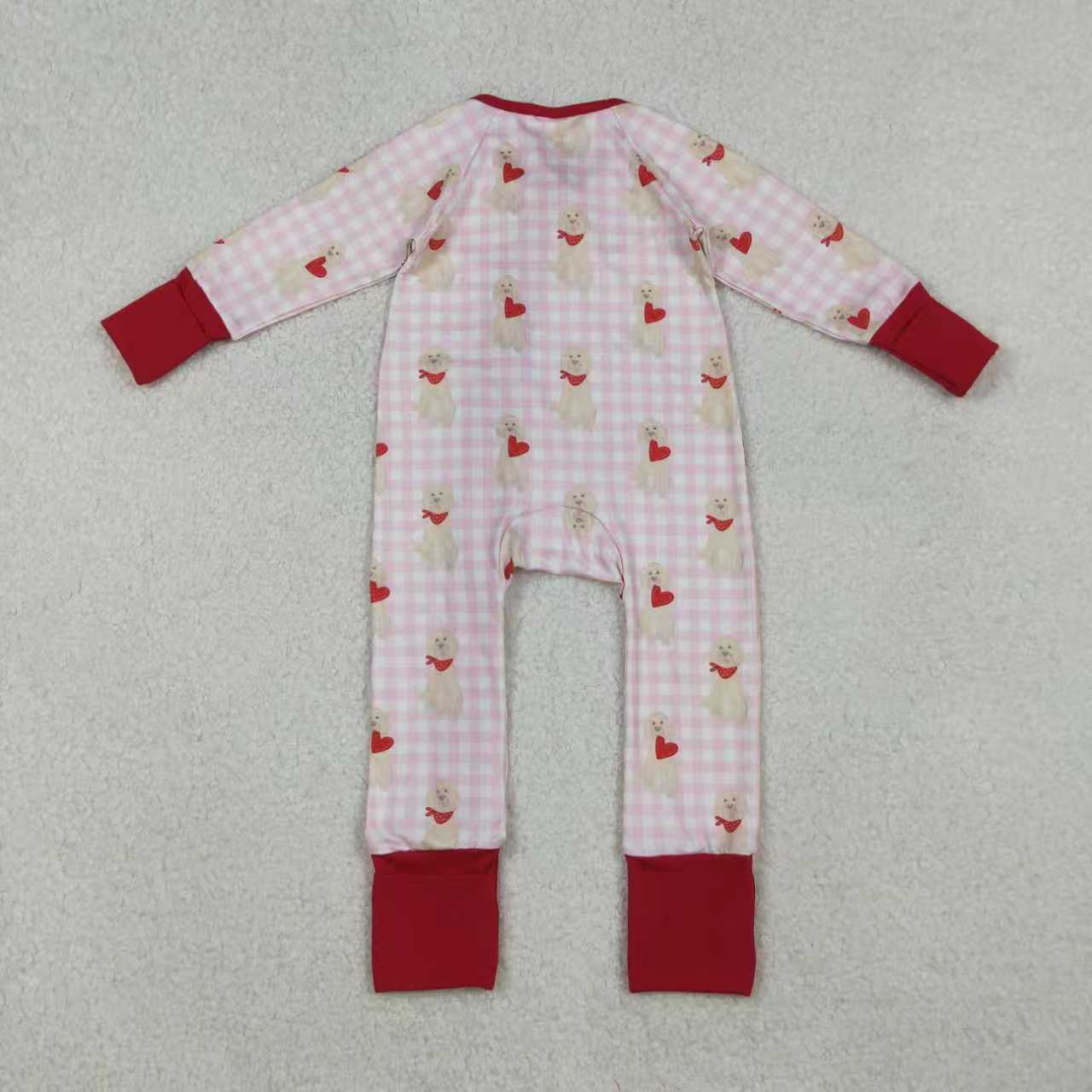 Mama and Me Girls Hearts Dogs Valentine Pajamas Set Ruffle Dress Zipper Romper Mamas Pants Bottom