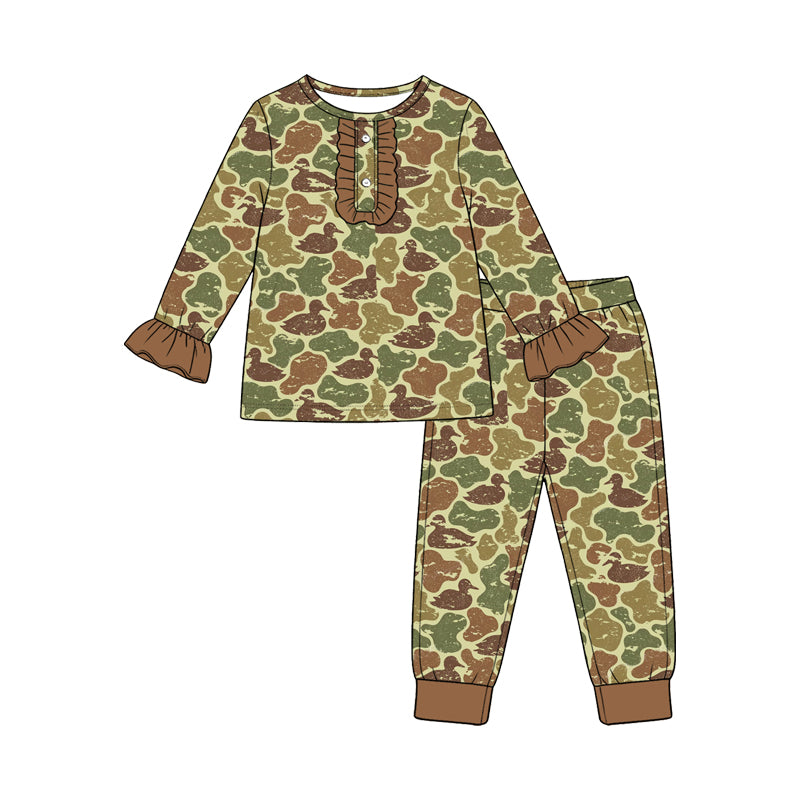 (Custom Design Preorder MOQ 5 Each) Checkered Camo Duck Print Girls Southern Pajamas Clothes Set Sisters Wear