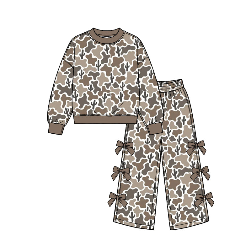 (Custom Design Preorder MOQ 5 Each) Checkered Camo Duck Print Long Sleeve Top Wide Leg Pants with Side Bows Girls Southern Clothes Set Sisters Wear