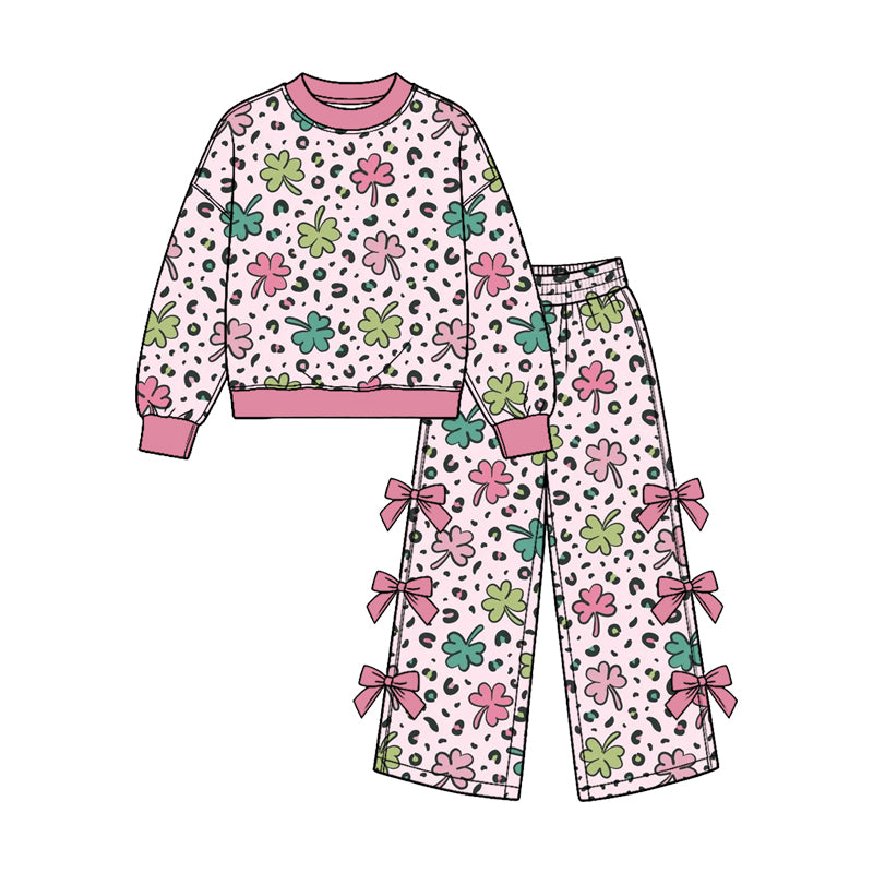 (Custom Design Preorder MOQ 5 Each) Rainbow Bows Print Long Sleeve Top Wide Leg Pants with Side Bows Girls St Patrick Day Clothes Set Sisters Wear