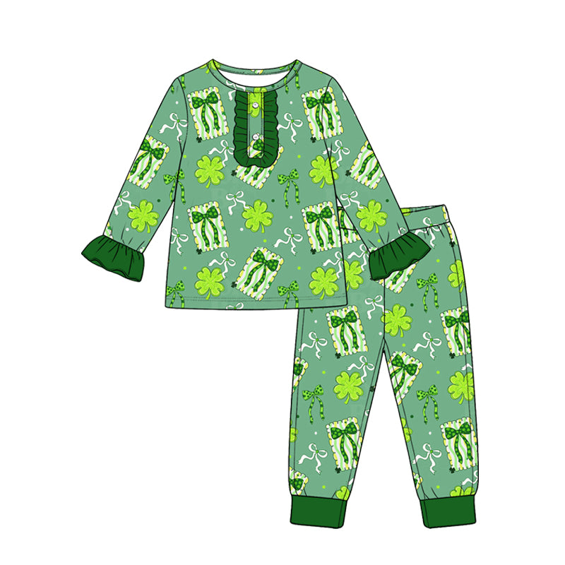 (Custom Design Preorder MOQ 5 Each) Shamrock Bows Rainbow Print Girls St. Patrick's Day Pajamas Clothes Set Sisters Wear