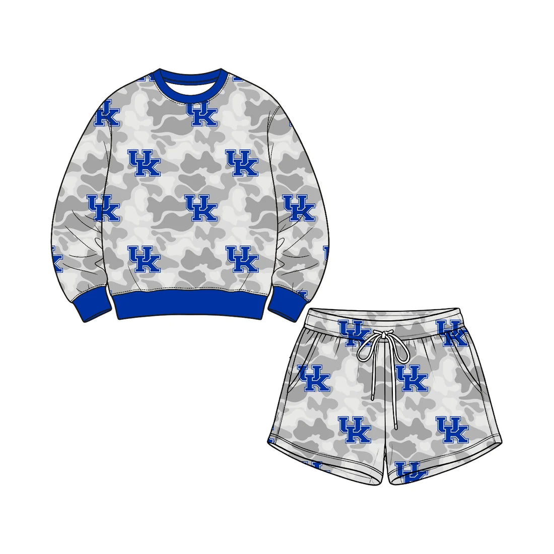 Preorder( 5  MOQ) Baby Girls Sport Team Kentucky Wildcats Camo Long Sleeve Top Shorts Outfit