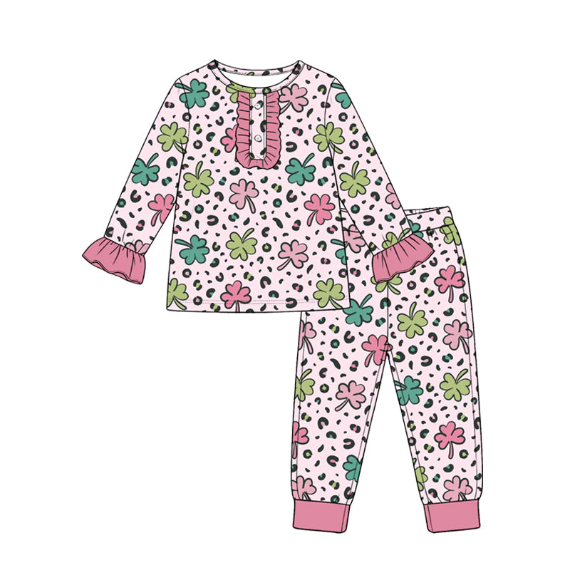 (Custom Design Preorder MOQ 5 Each) Shamrock Bows Rainbow Print Girls St. Patrick's Day Pajamas Clothes Set Sisters Wear