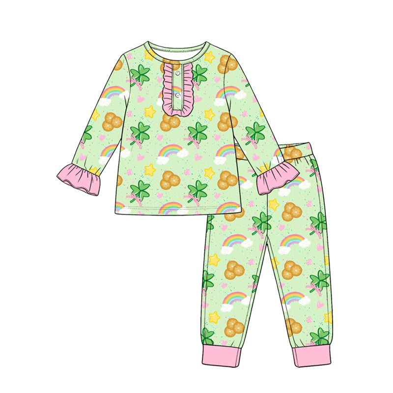 (Custom Design Preorder MOQ 5 Each) Shamrock Bows Rainbow Print Girls St. Patrick's Day Pajamas Clothes Set Sisters Wear