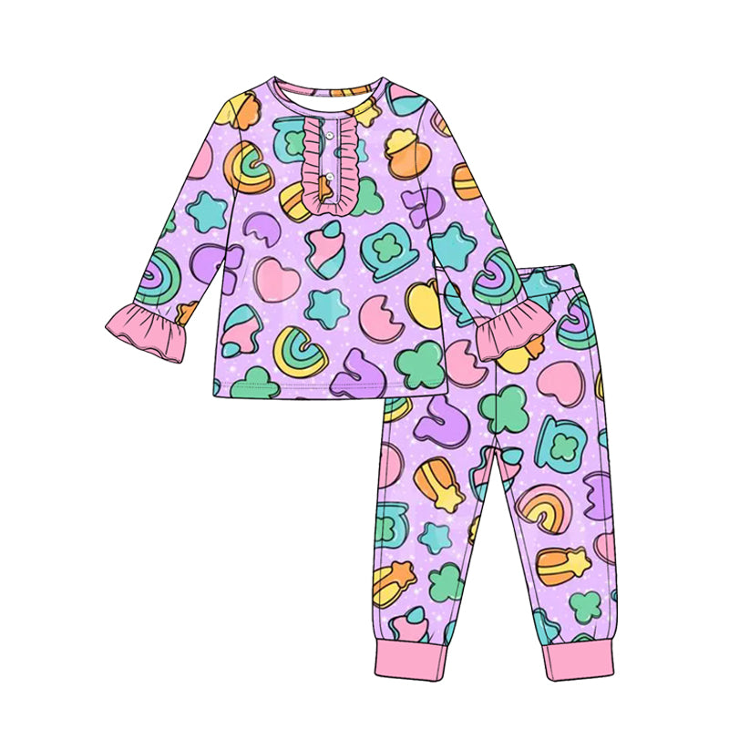 (Custom Design Preorder MOQ 5 Each) Shamrock Bows Rainbow Print Girls St. Patrick's Day Pajamas Clothes Set Sisters Wear