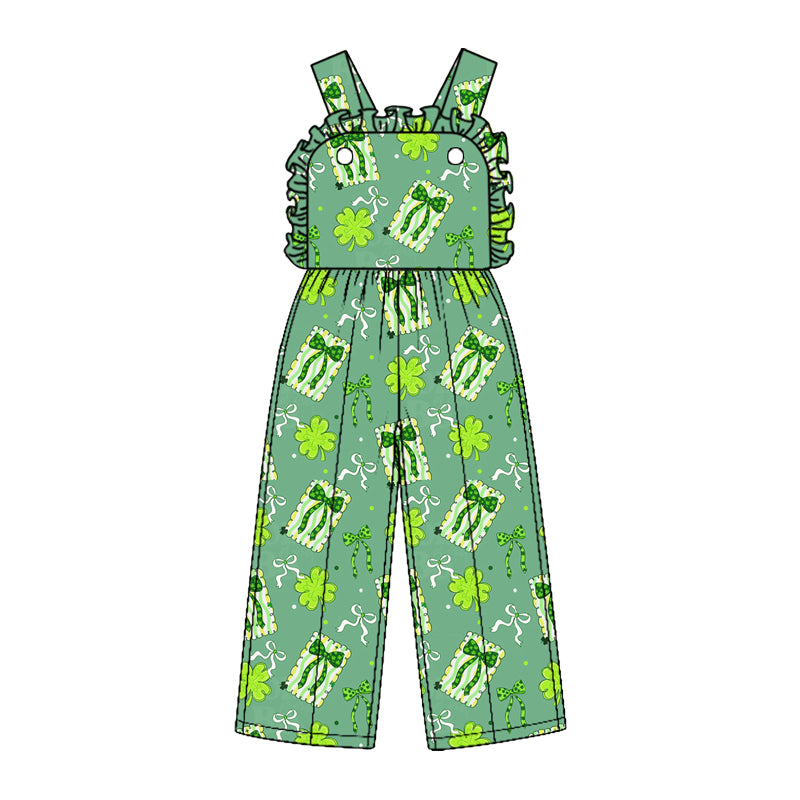 (Custom Design Preorder MOQ 5) Rainbow Bows Print Baby Girls Strap Jumpsuits St Patrick Day Overall Styles Sisters Wear