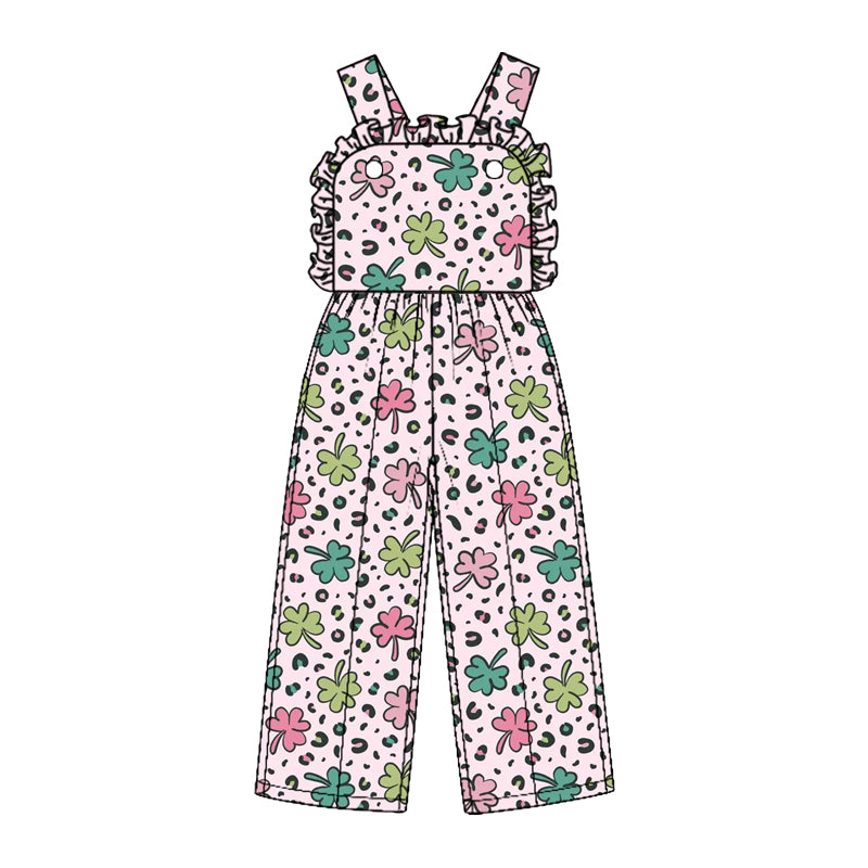 (Custom Design Preorder MOQ 5) Rainbow Bows Print Baby Girls Strap Jumpsuits St Patrick Day Overall Styles Sisters Wear