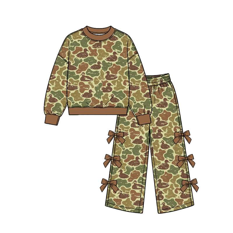 (Custom Design Preorder MOQ 5 Each) Checkered Camo Duck Print Long Sleeve Top Wide Leg Pants with Side Bows Girls Southern Clothes Set Sisters Wear