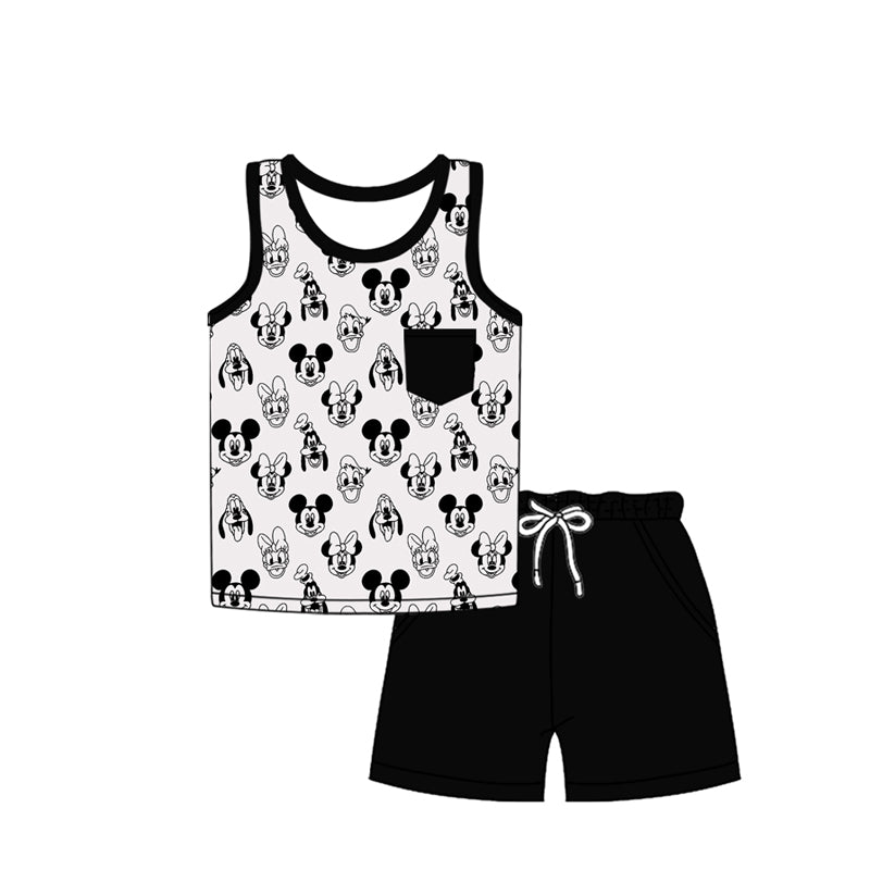 (Custom Design Preorder MOQ 5)  Cartoon Mouse Vest Top Black Shorts Baby Boys Summer Outfits