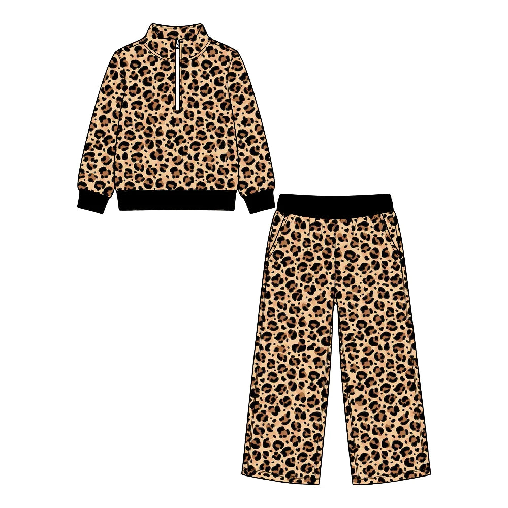 Preorder (MOQ 5 ) Kids Girls Leopard Pullover Top Long Sleeve Top Pants Sport Team Outfit