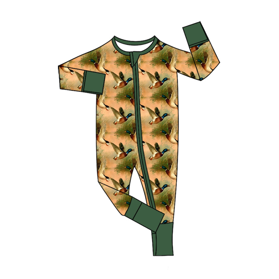 (Custom Design Preorder MOQ 5 ) Mallard Duck Print Baby Fall Zipper Sleeper Romper Sibling Wear