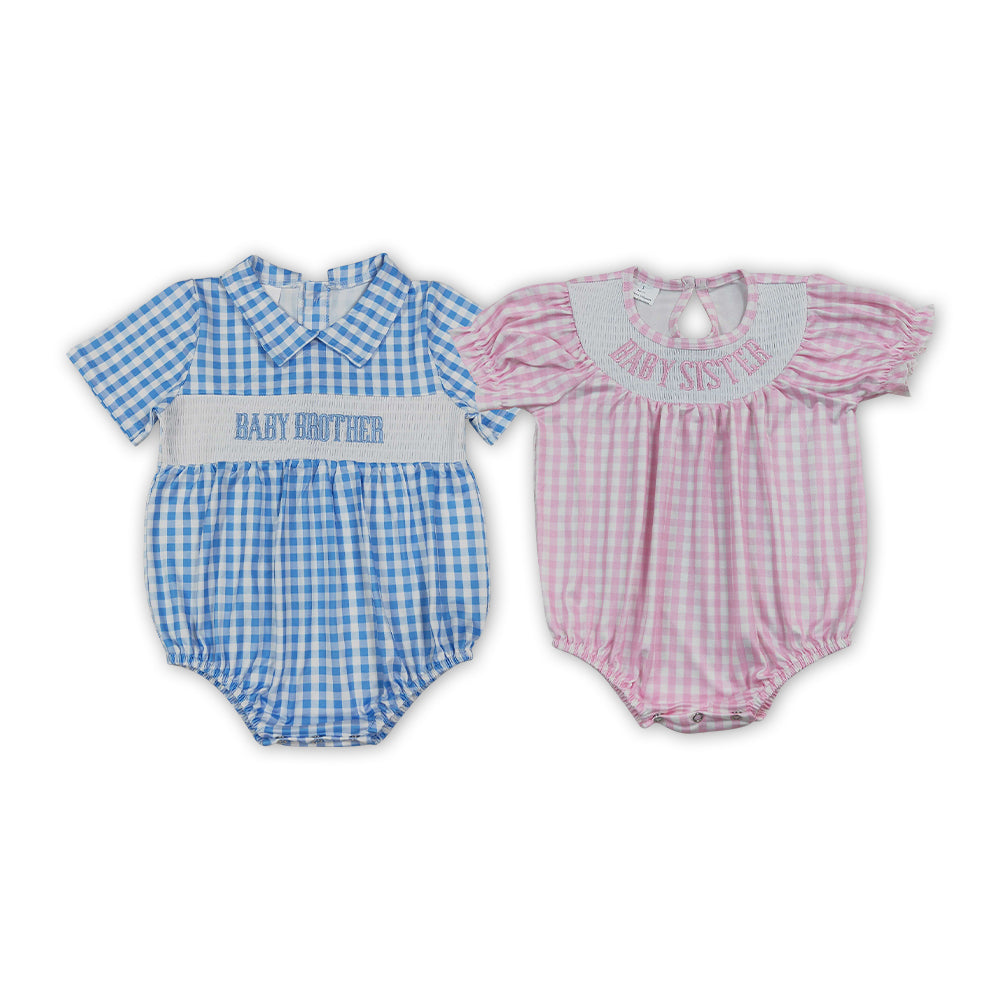 Baby Brother Baby Sister Siblinbg Gingham Smocked Bubble Romper