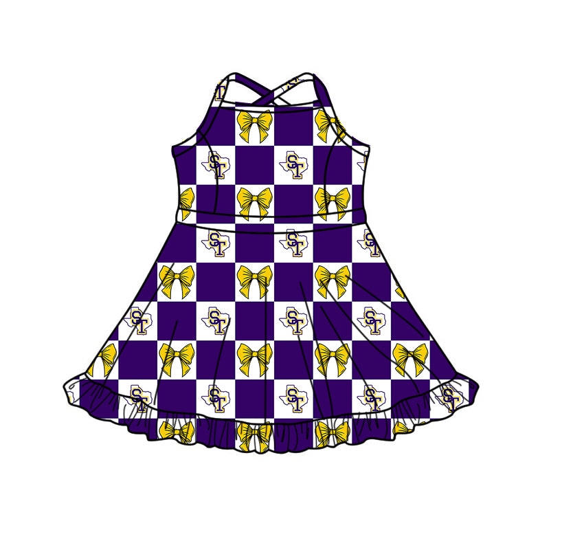(Custom Design Preorder MOQ 5 Each Item) Teams Bobcats Bows Blue Plaid Print Kids Clothes Sibling & Family Matching Styles