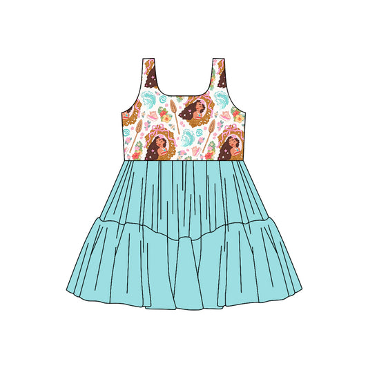 (Custom Design Preorder MOQ 5) Cartoon Princess Flowers Waves Girls Sleeveless Tulle Dress