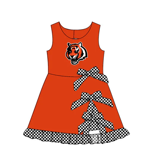 (Custom  Preorder MOQ 5) Baby Girls Sleeveless Tiger Short Bows Ruffle Team Knee Length Dresses