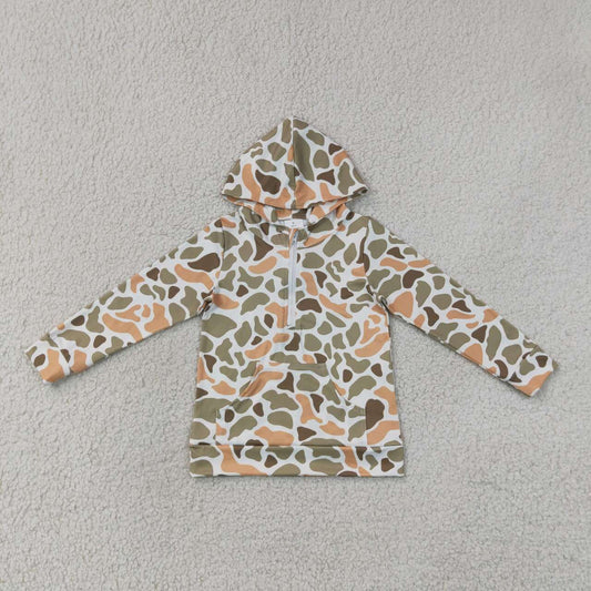BT1853 Orange Green Camo Long Sleeve Pocket Kids Boys Zipper Hoodie Top