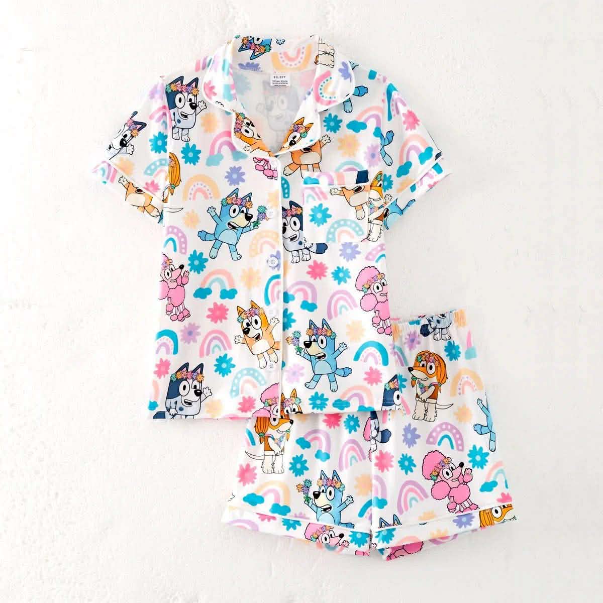 (Custom Design Preorder MOQ 5) Cartoon Dog Flowers Print Girls Summer Button Pajamas Outfits