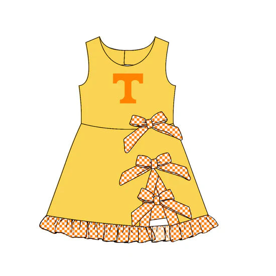 (Custom  Preorder MOQ 5) Baby Girls Sleeveless T Short Bows Ruffle Team Knee Length Dresses