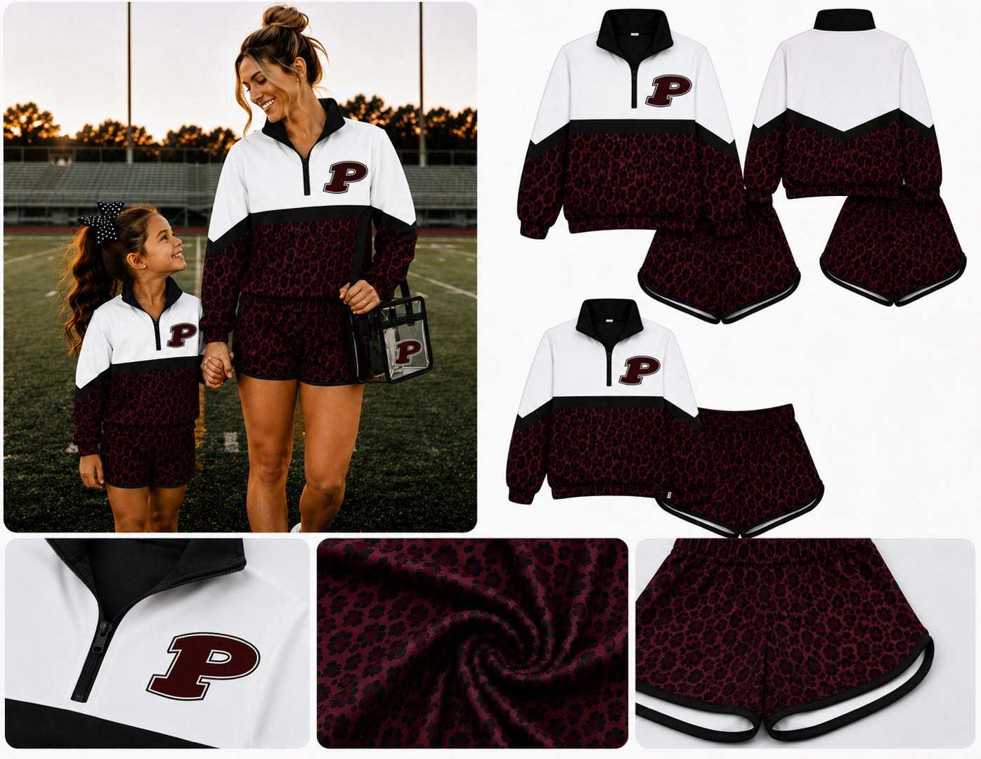 (Custom Design Preorder MOQ 5) Teams Prescott Leopard Long Sleeve Zipper Top Shorts Mommy and Me Outfits