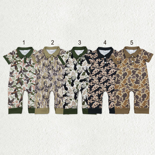 Sibling Baby Boys Short Sleeve Southern Hunting Duck Dogs Deer Camo Button Rompers