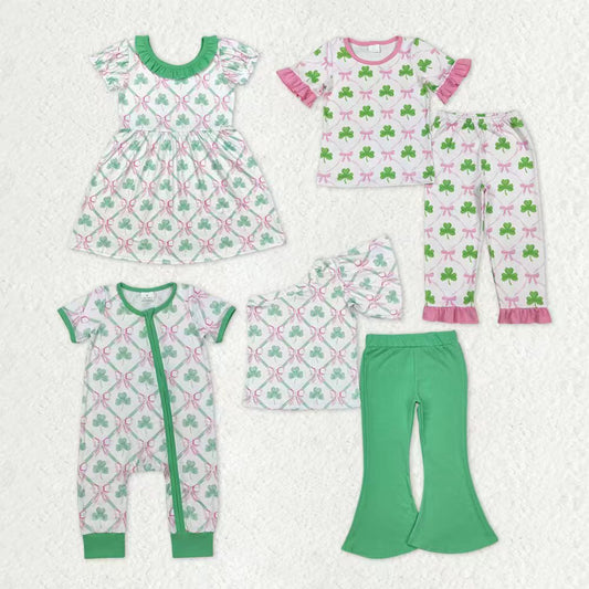 Sibling Baby Girls Clovers Bows Checked Pants Pajamas Clothes Sets Zipper Romper
