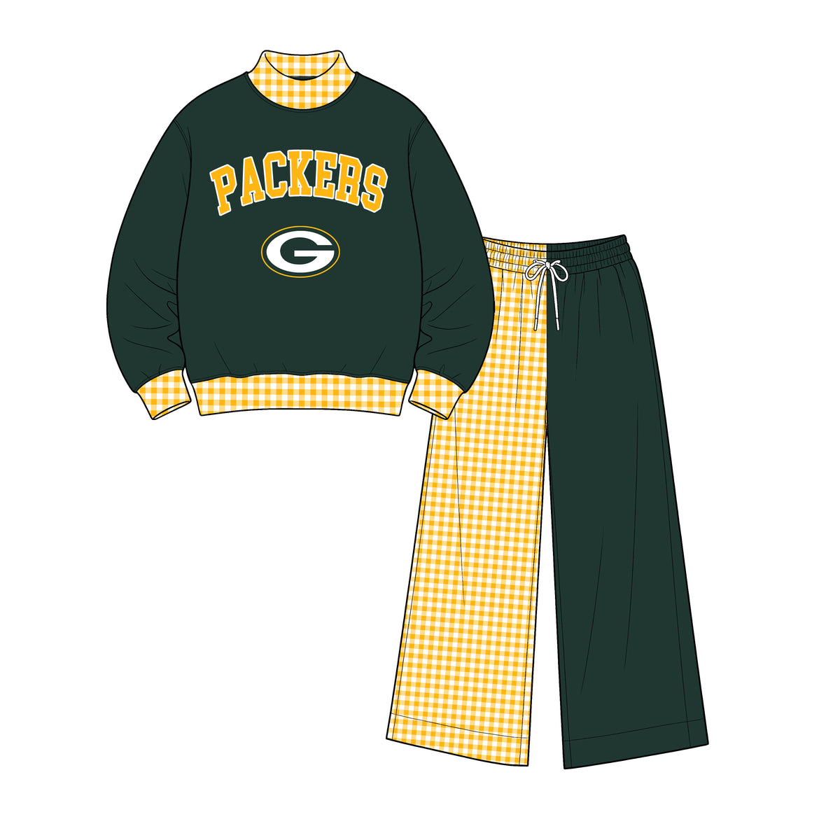 (Custom Design Preorder MOQ 5) Packers Mock Neck  Top with Patch Wide Leg Sport Team Set