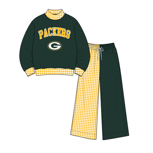 (Custom Design Preorder MOQ 5) Packers Mock Neck  Top with Patch Wide Leg Sport Team Set