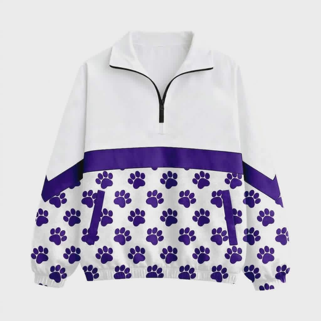 (Custom Design Preorder MOQ 5)  Wildcats Purple Paw Print Girls & Women Sports Team Long Sleeve Zipper Pullover Top