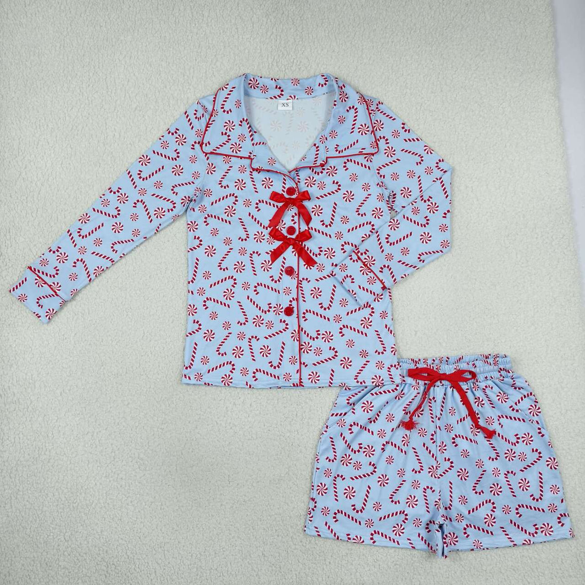 GLS0116 Candy Cane Blue Long Sleeve Top Pockets Shorts Woman Christmas Pajamas Clothes Set